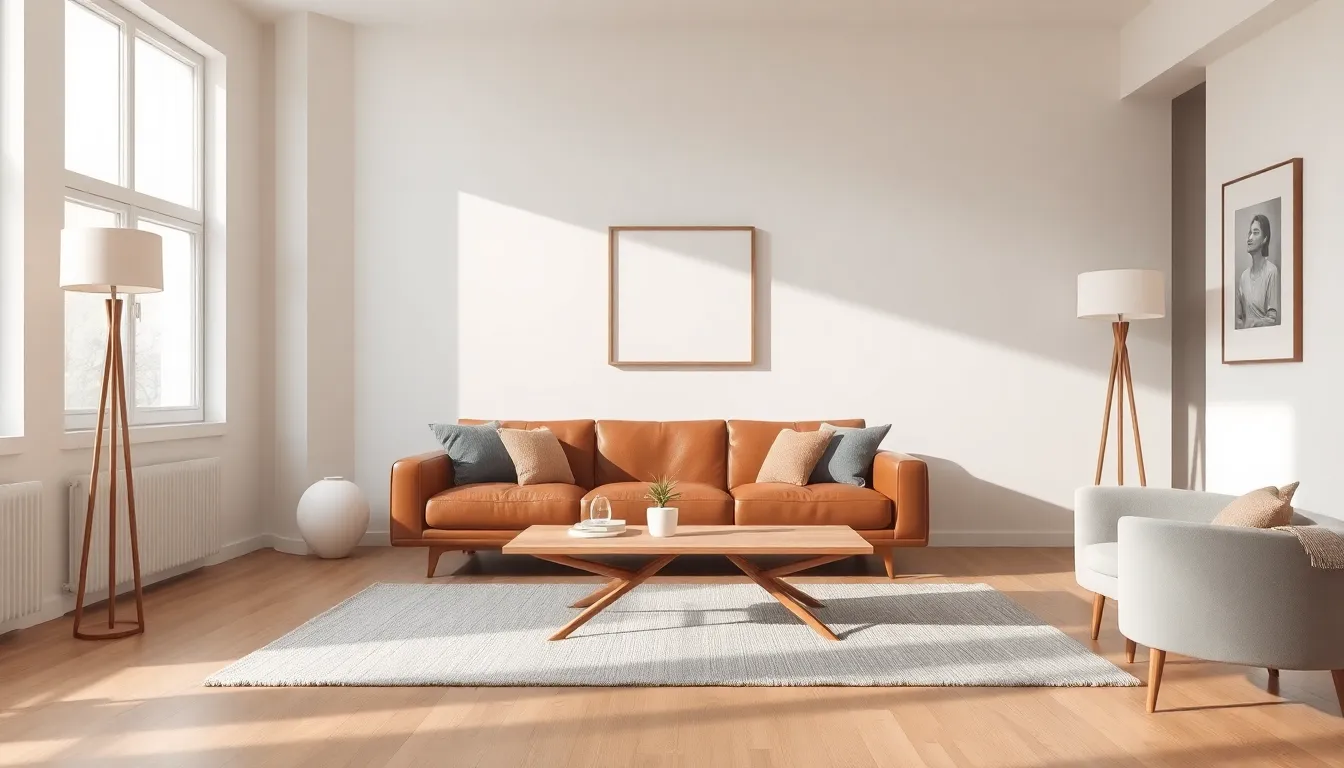 minimalist mid-century modern living room with sleek furniture and natural light.