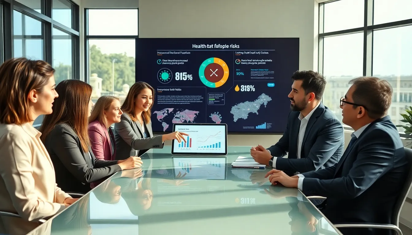 professionals discussing health risks in a modern office setting.