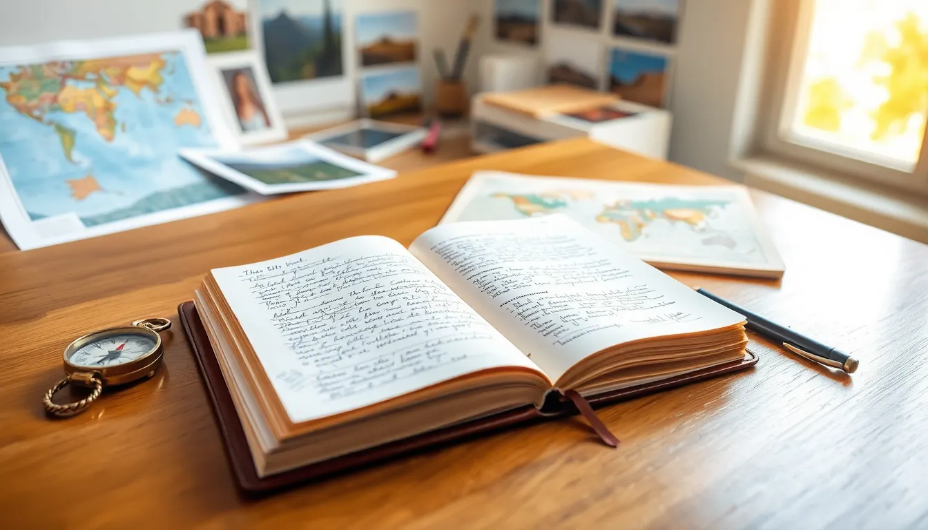 an open travel diary on a wooden table with travel artifacts.