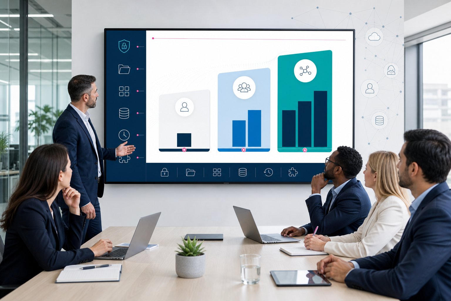 Professionals reviewing client portal cost tiers on a modern dashboard.