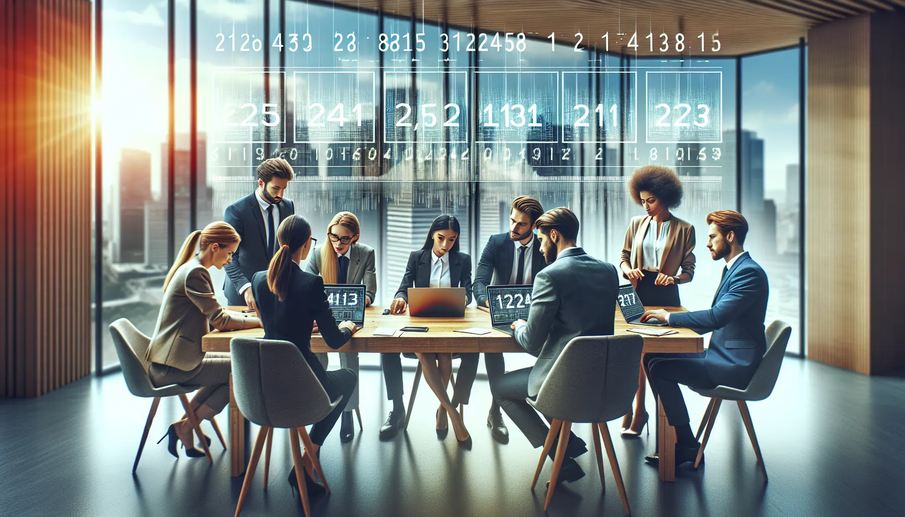 diverse team discussing numeric codes in a modern office.