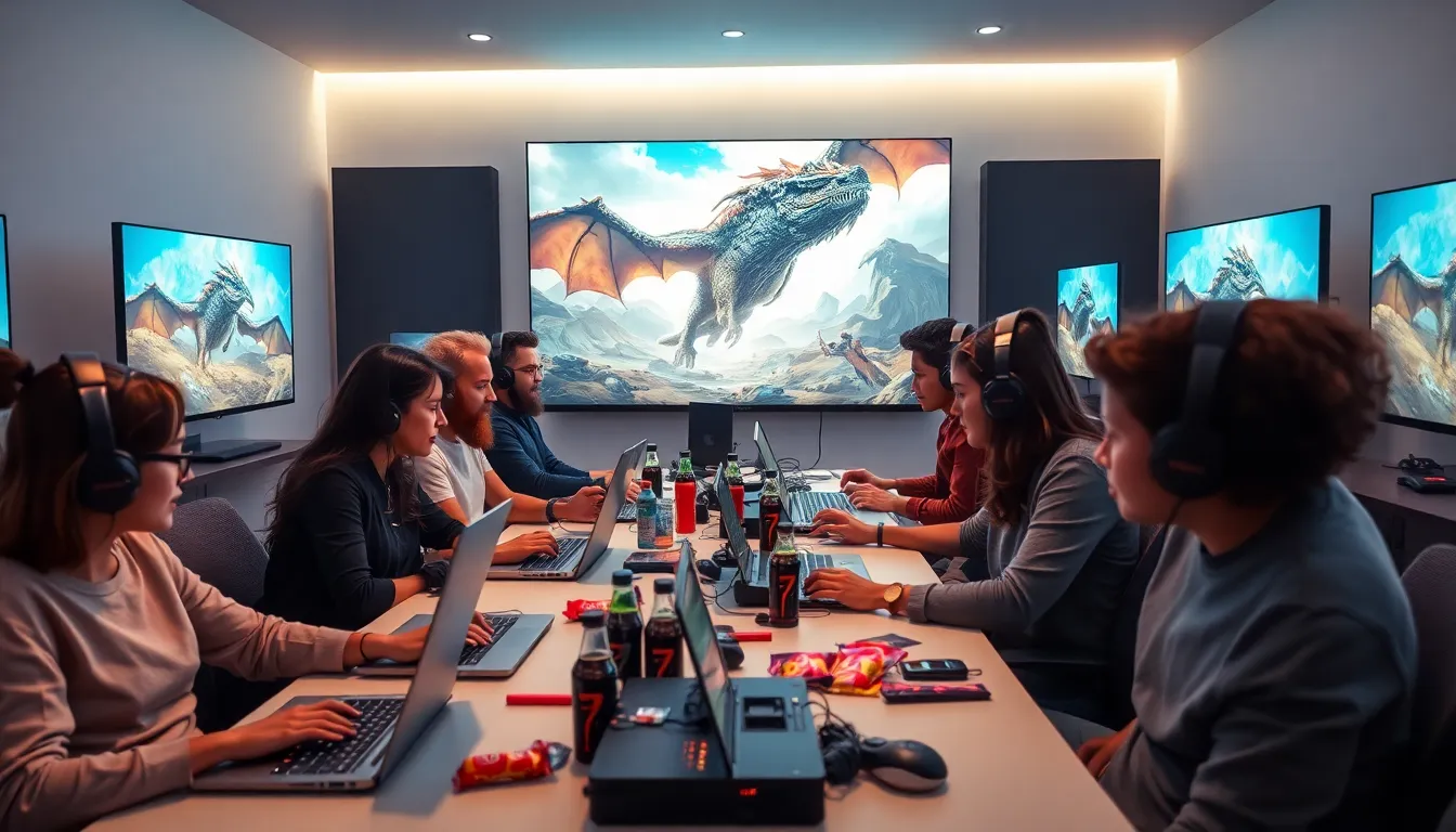 diverse group of gamers in a modern gaming room.