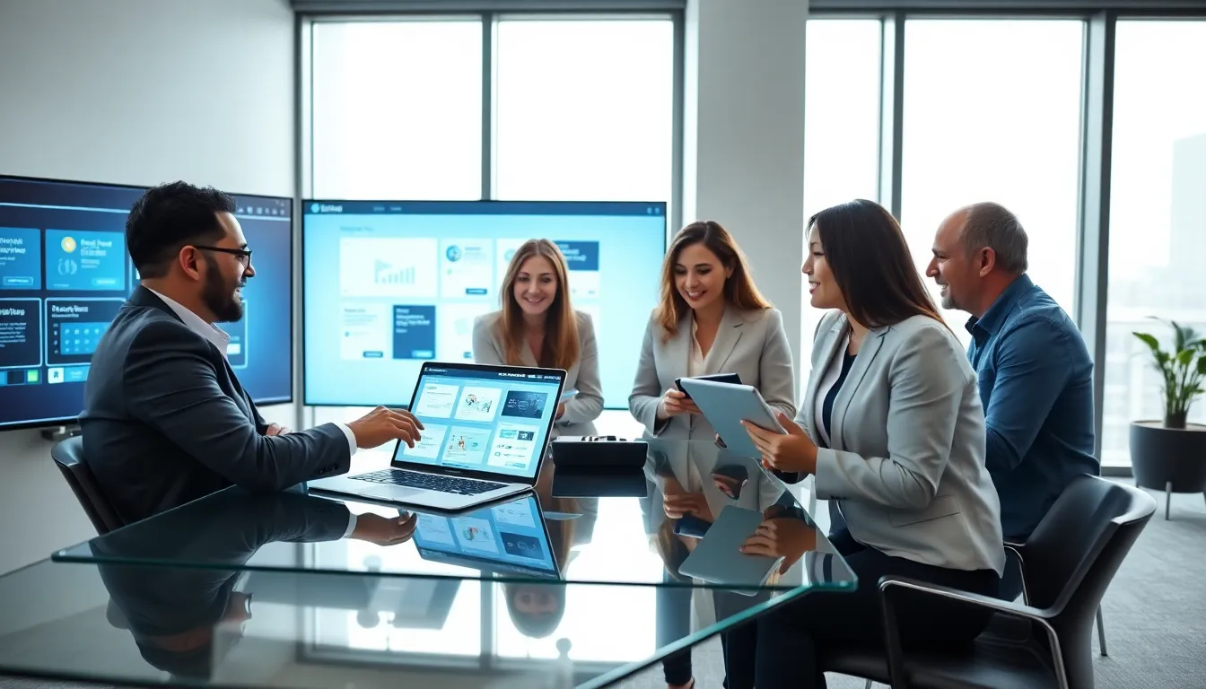 team collaborating on low code application development in a modern office.