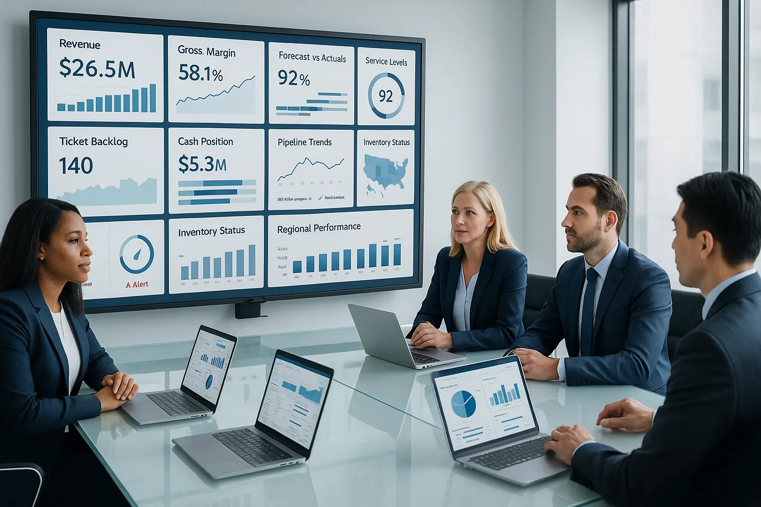 Business leaders reviewing real-time dashboards in a modern office.