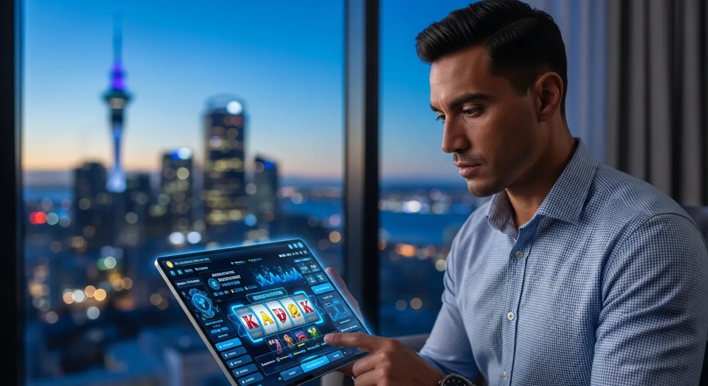 A man in a modern Auckland apartment playing a high-tech online slot game on a tablet.