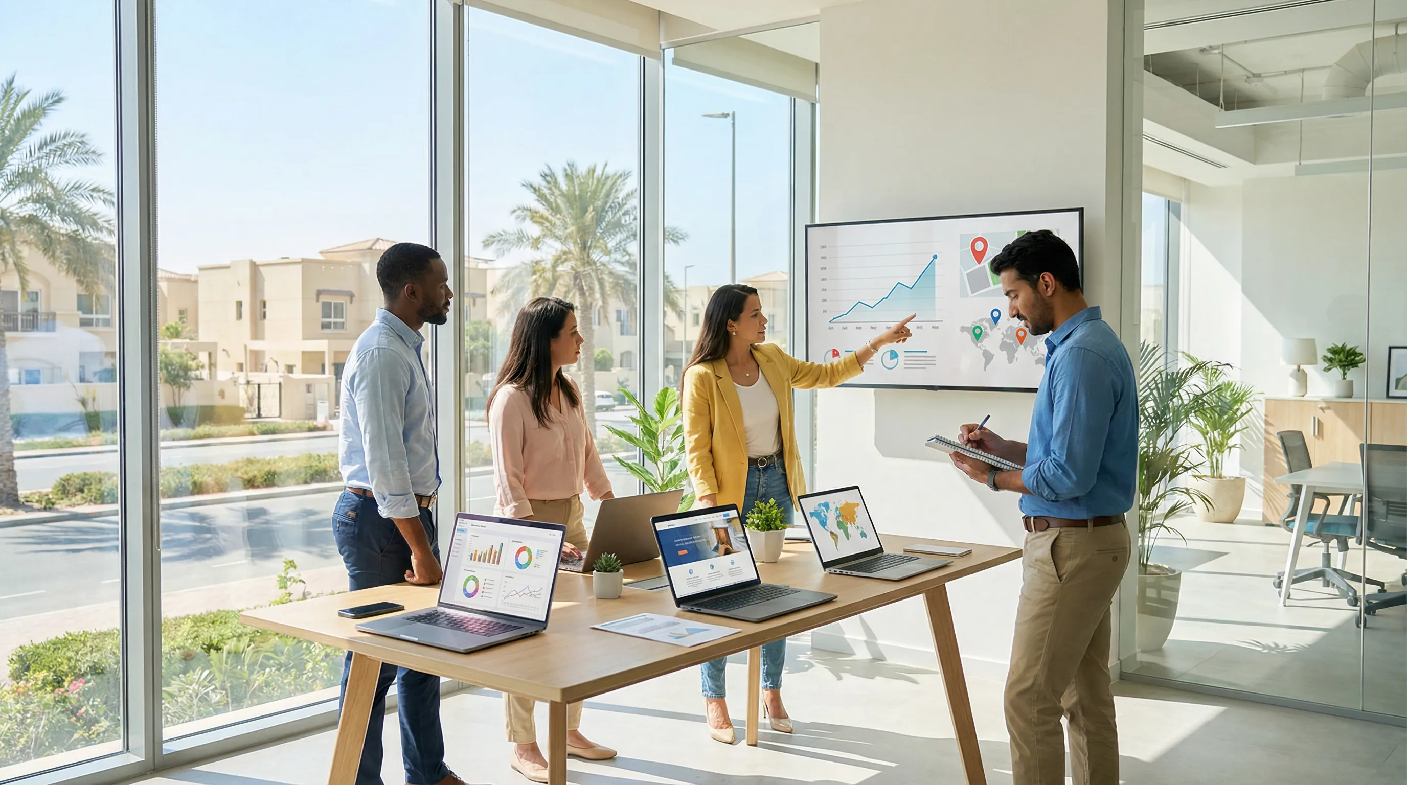 SEO team in a modern office reviewing local search data and website performance on laptops and a wall screen, with a Gulf Coast suburban view outside the window, conveying collaborative, transparent local marketing work.