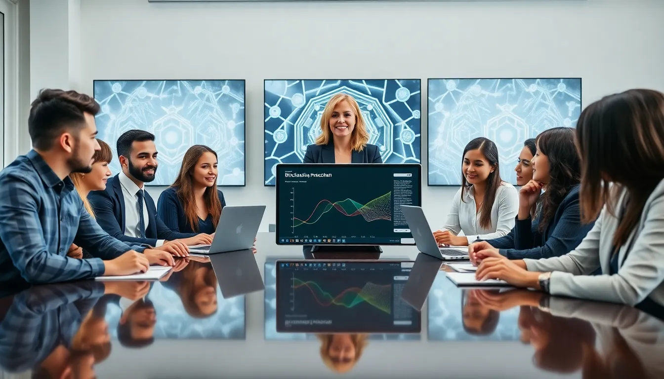 diverse team discussing Bitclassic Blockchain in a modern office.