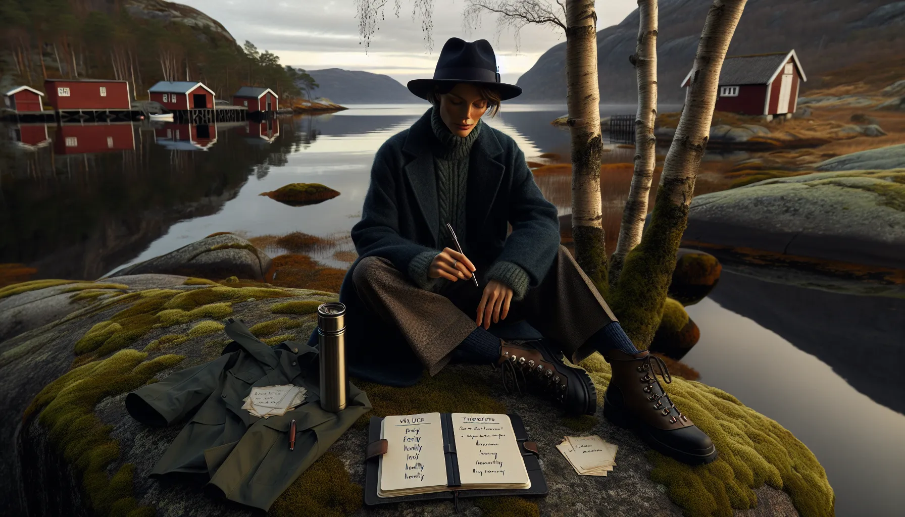 Woman by a norwegian fjord journaling values, accepting difficult thoughts.