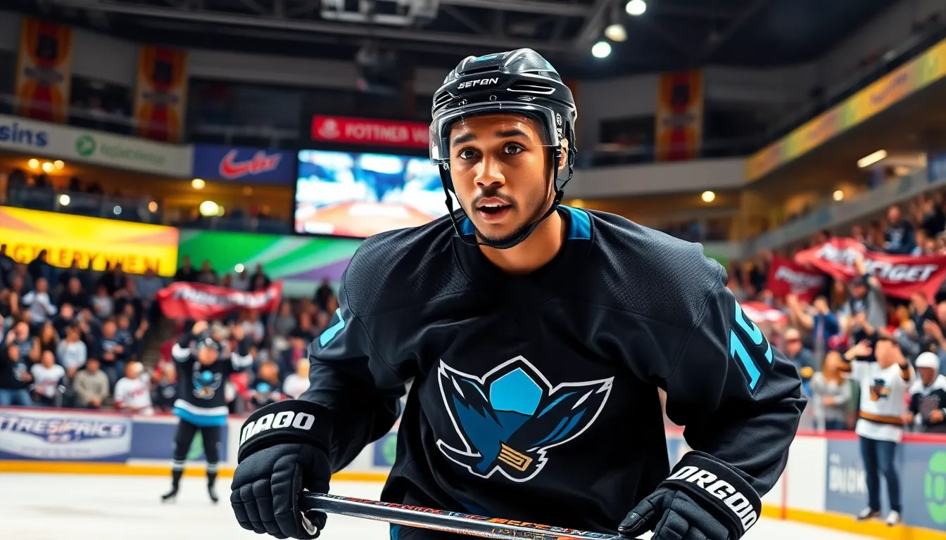 a hockey player in action during a game in a bustling arena.