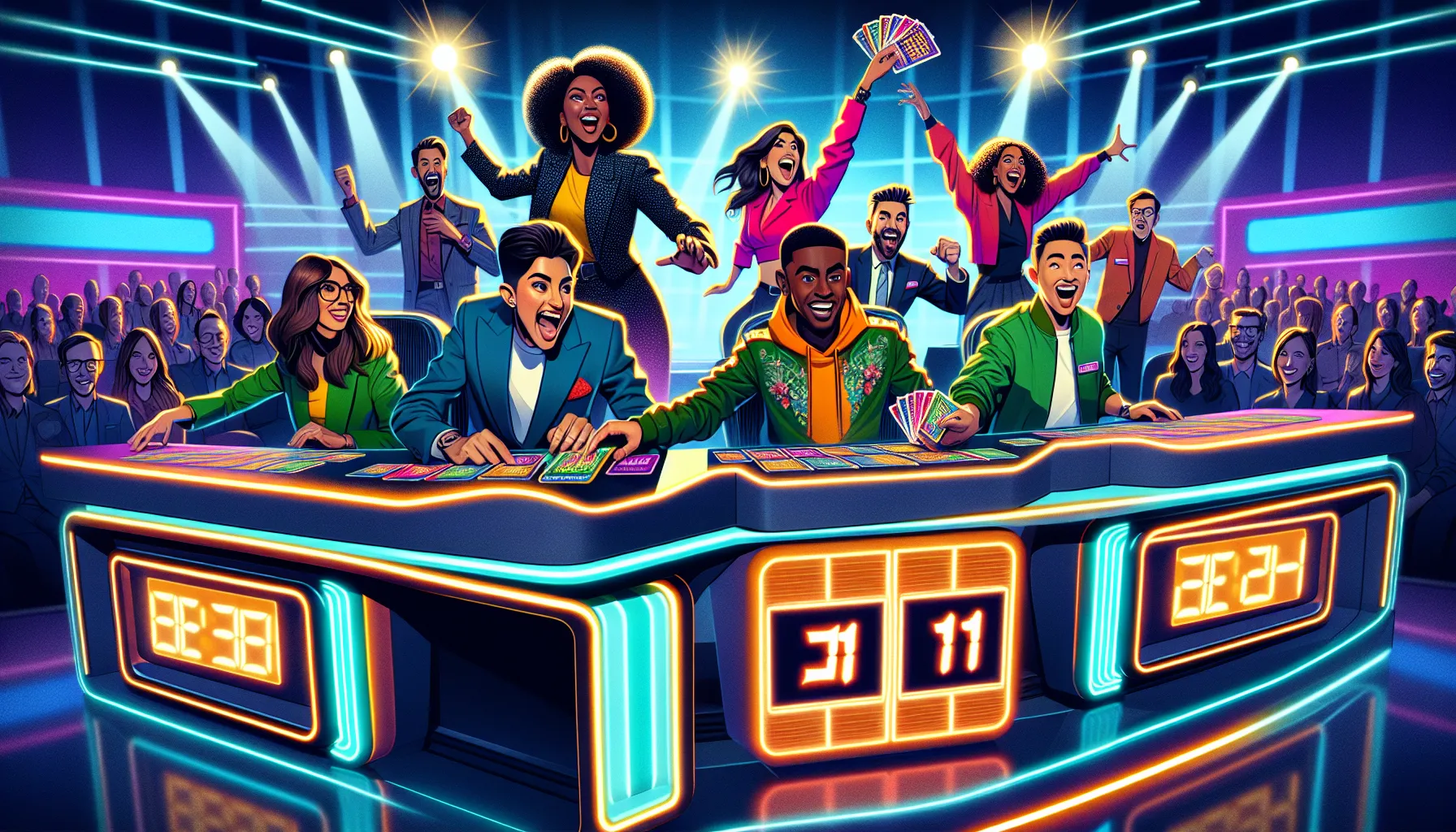 contestants competing in a vibrant game show setting.