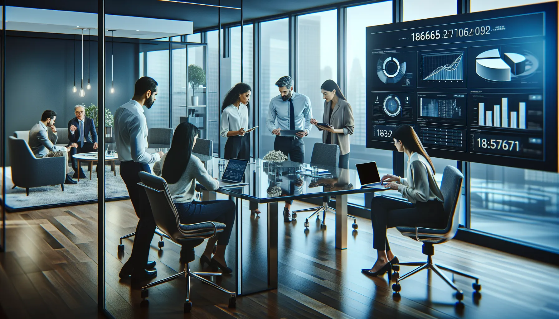 diverse team discussing practical applications of a number in a modern office.