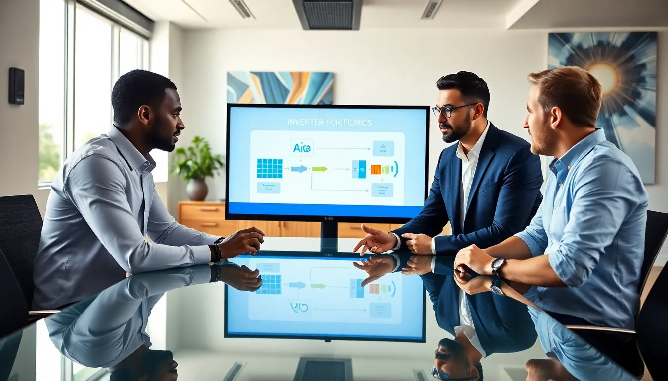 professionals discussing inverter technology in a modern office.