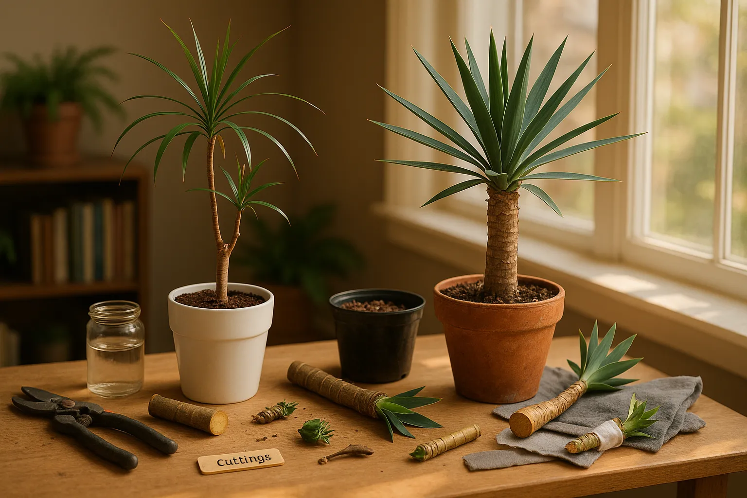 Dracaena and Yucca side-by-side with cuttings and potting tools at window.