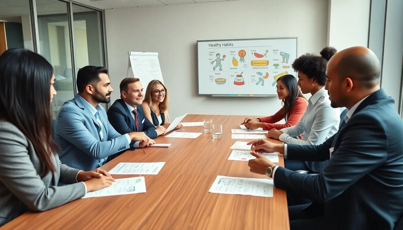 diverse group collaborating on healthy habits worksheets in a modern workshop.