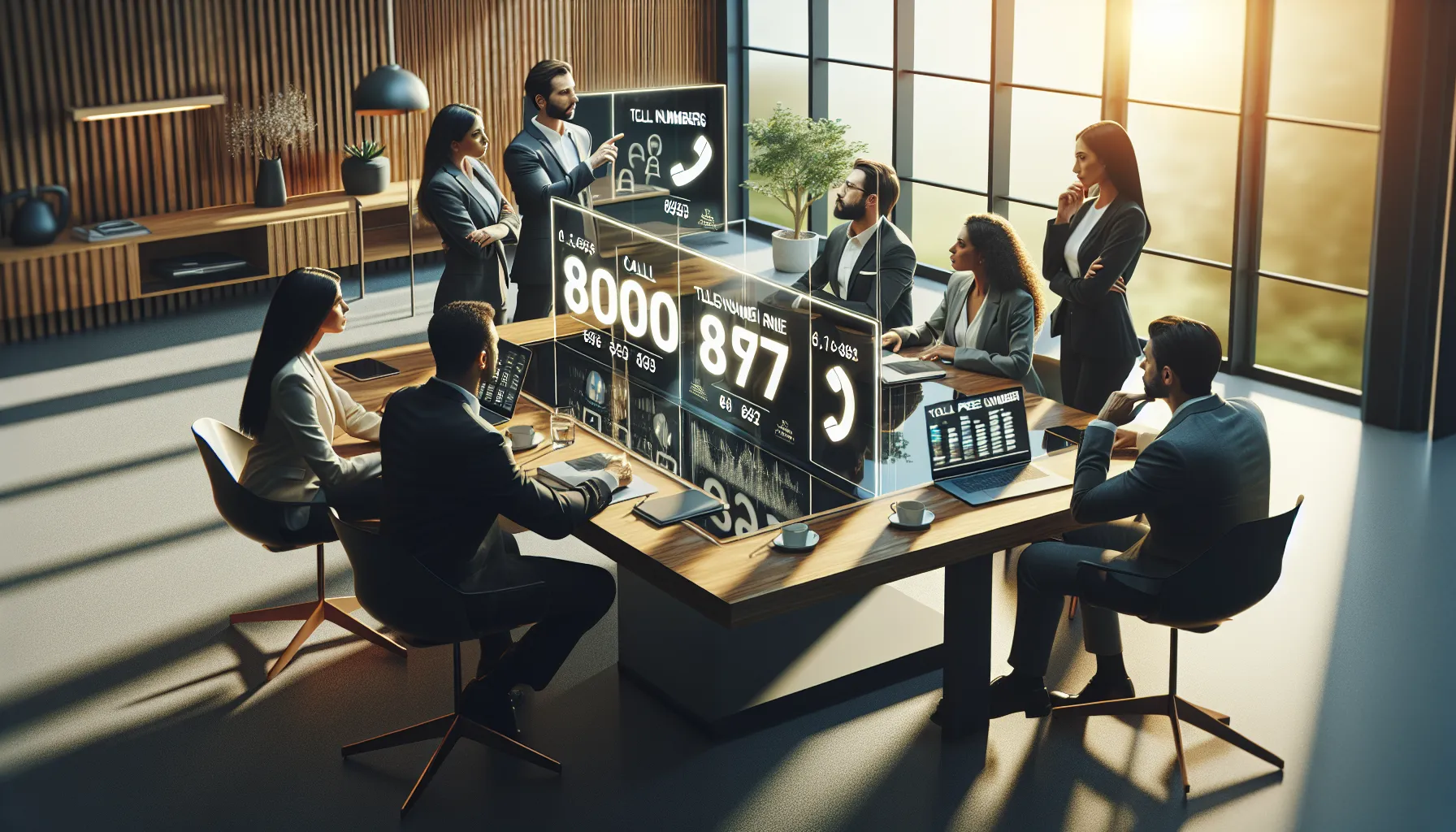 diverse team discussing toll-free numbers in a modern office.