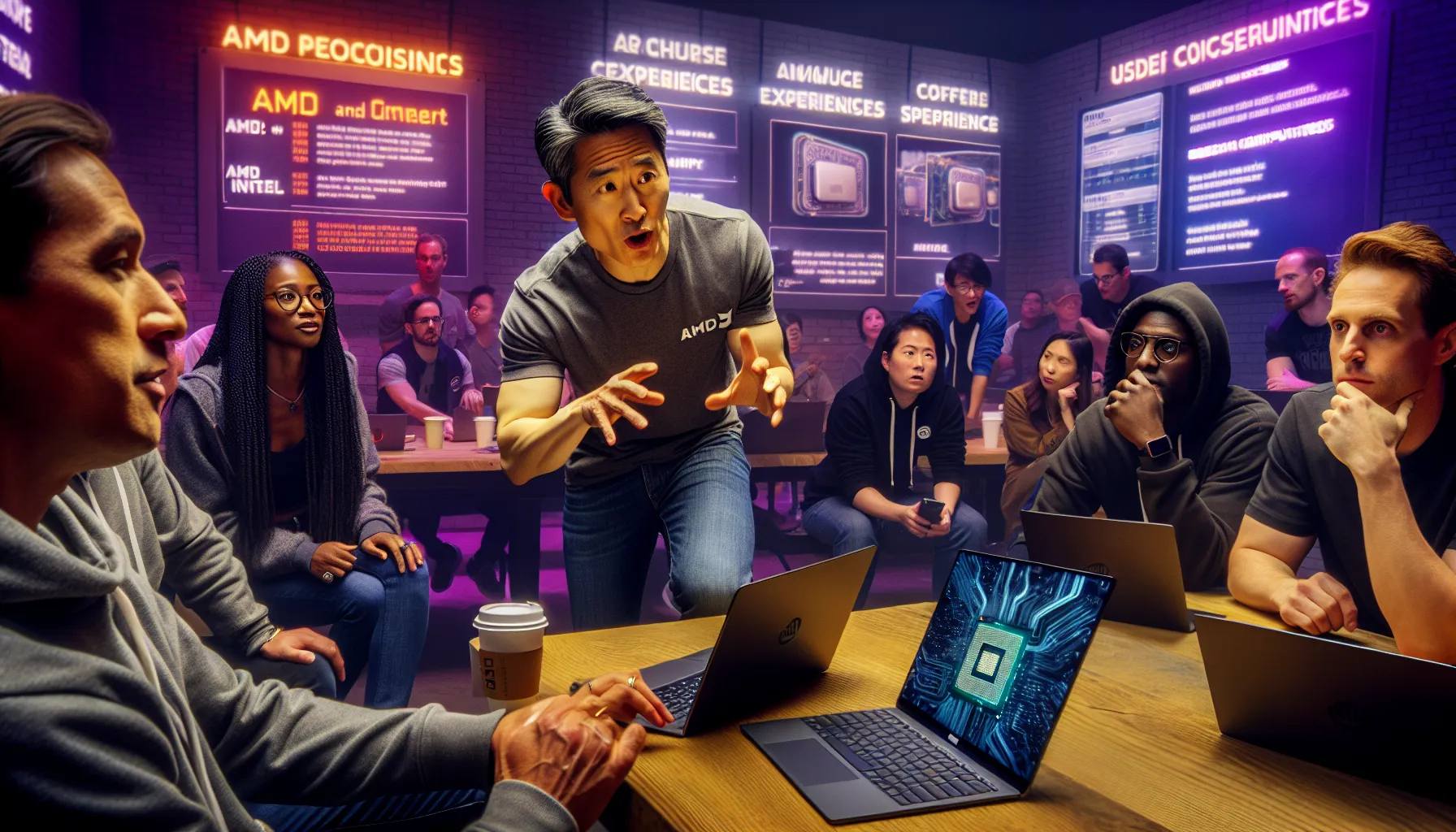 diverse tech community discussing AMD and Intel processors in a forum setting.