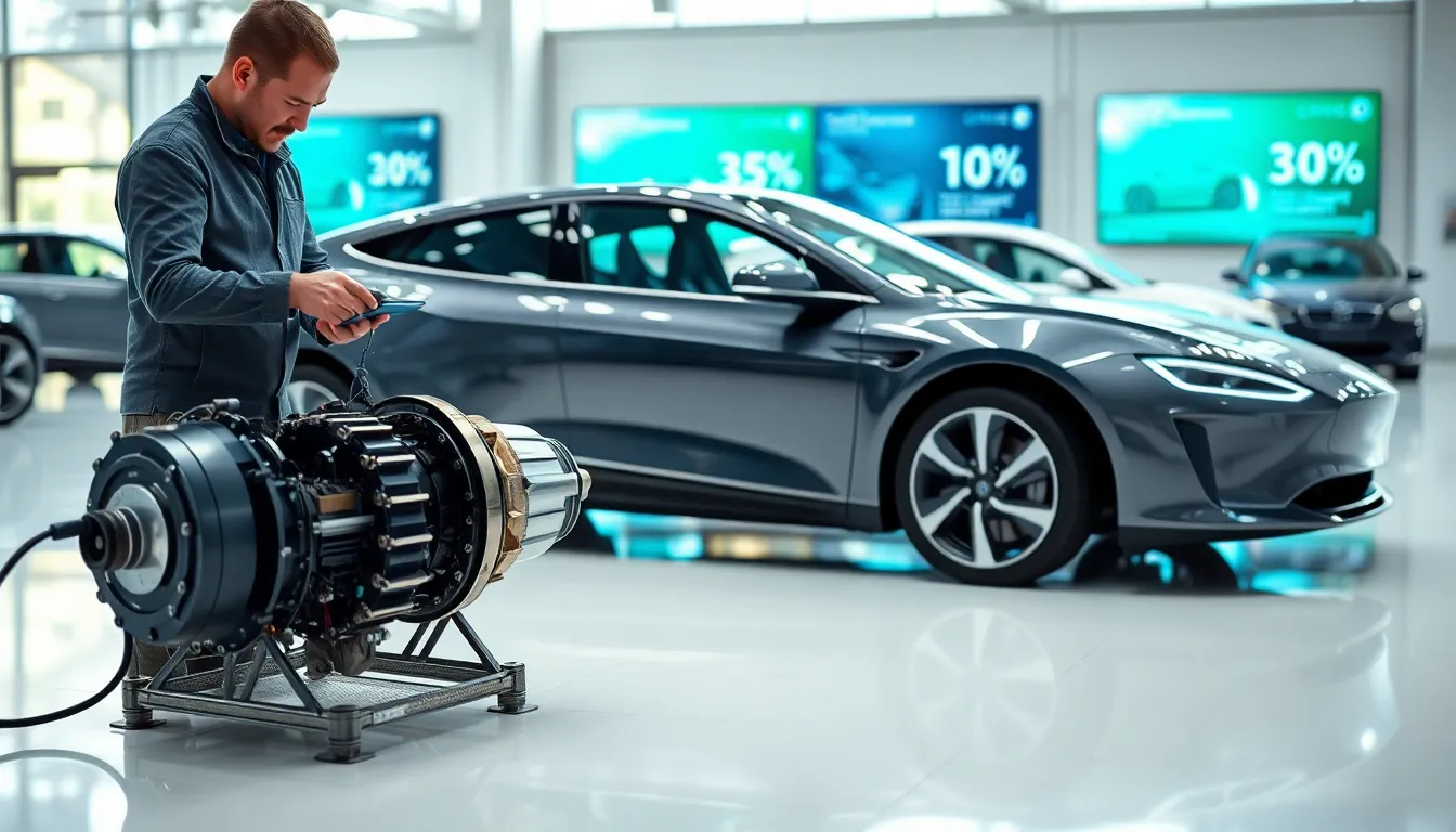 electric vehicle and motor in a modern showroom setting.