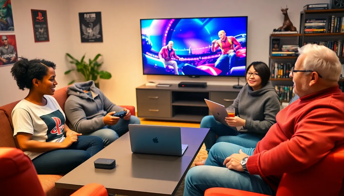 diverse gamers discussing PlayStation games in a cozy living room.