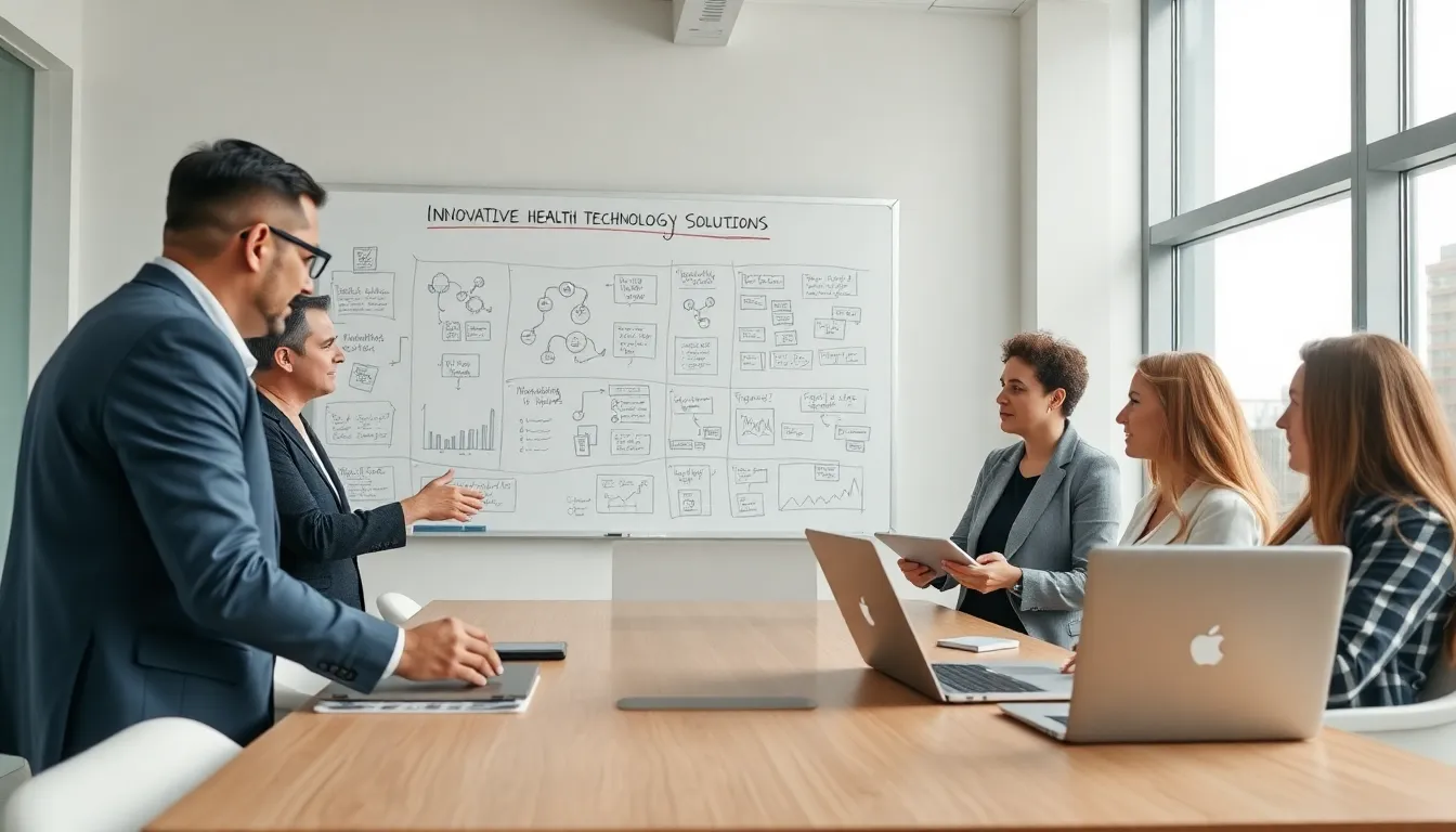 diverse team discussing health tech solutions in a modern office.