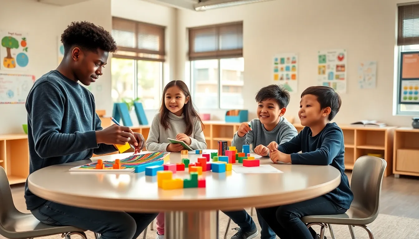 children collaborating in a modern classroom setting.