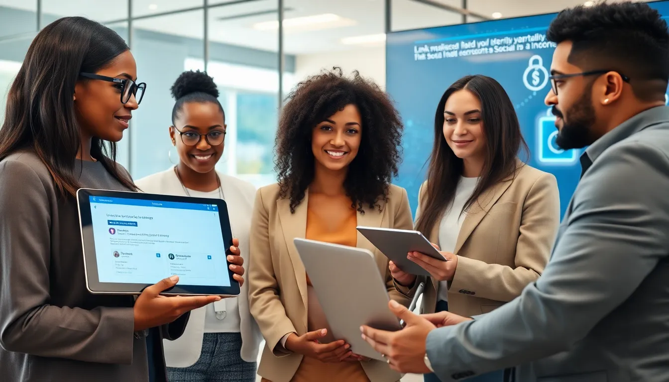 diverse team discussing social media account security in an office.