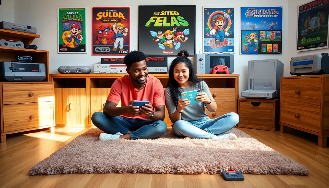 a diverse group of gamers enjoying Nintendo games in a cozy room.