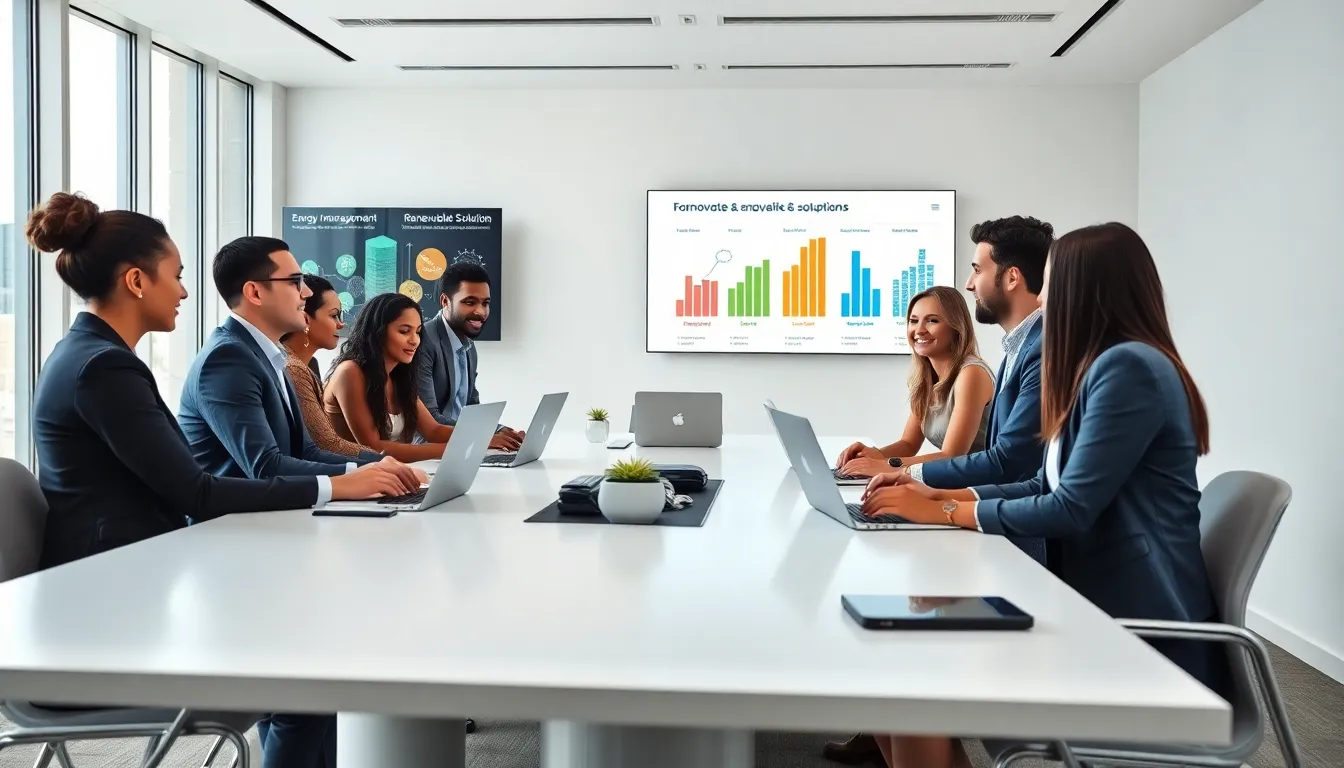 diverse team collaborating in a modern office on energy solutions.