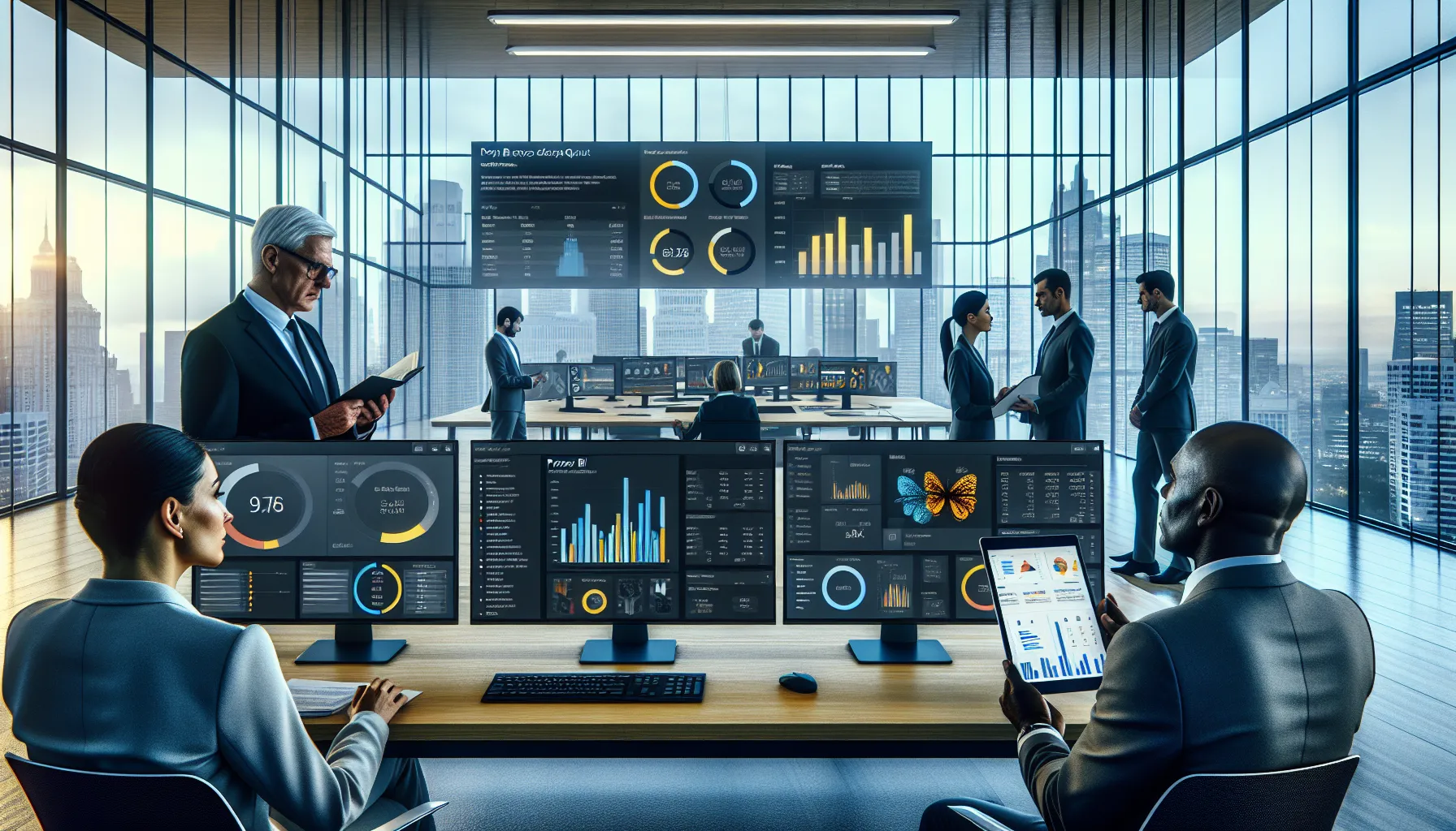 Team comparing Power BI Report Builder and Power BI Desktop in a modern office.