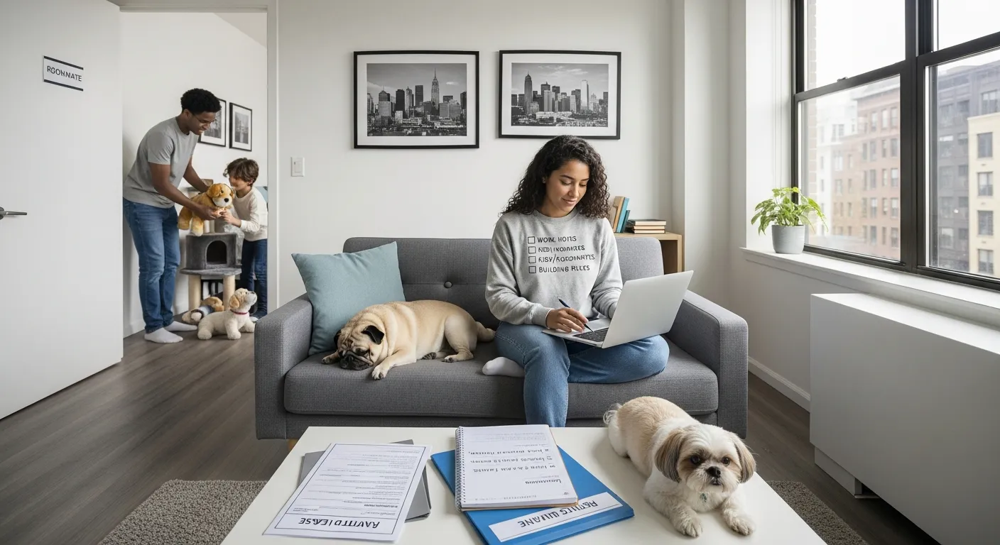 Young woman in small city apartment planning for calm apartment-friendly dogs.