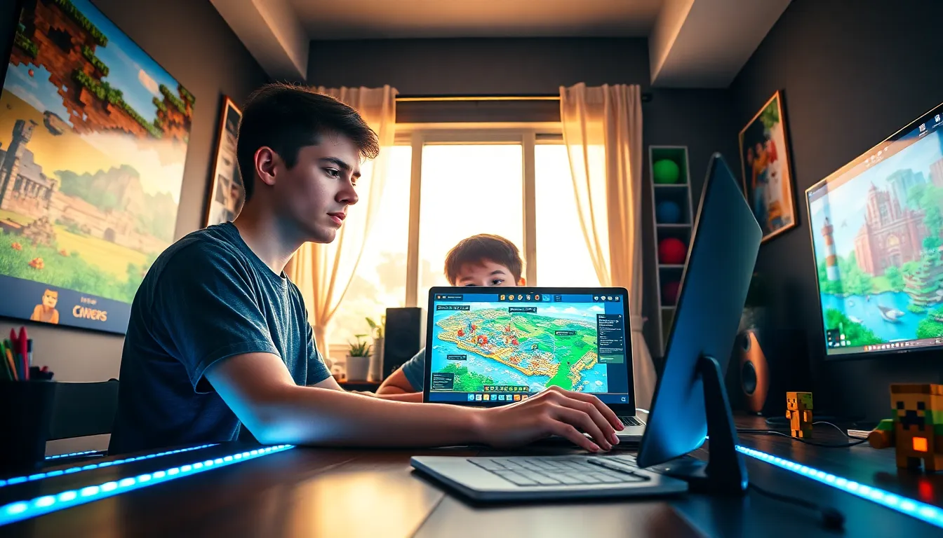 a teenager creating in a colorful Minecraft-themed workspace.