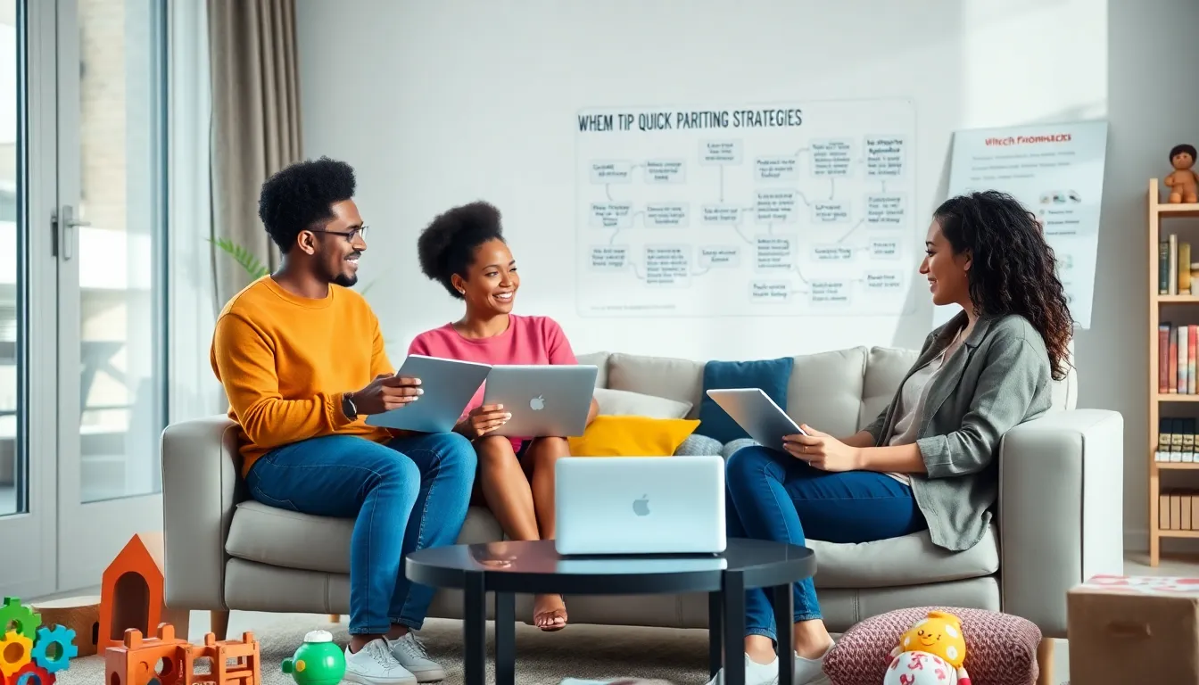 diverse parents sharing parenting tips in a cozy living room.
