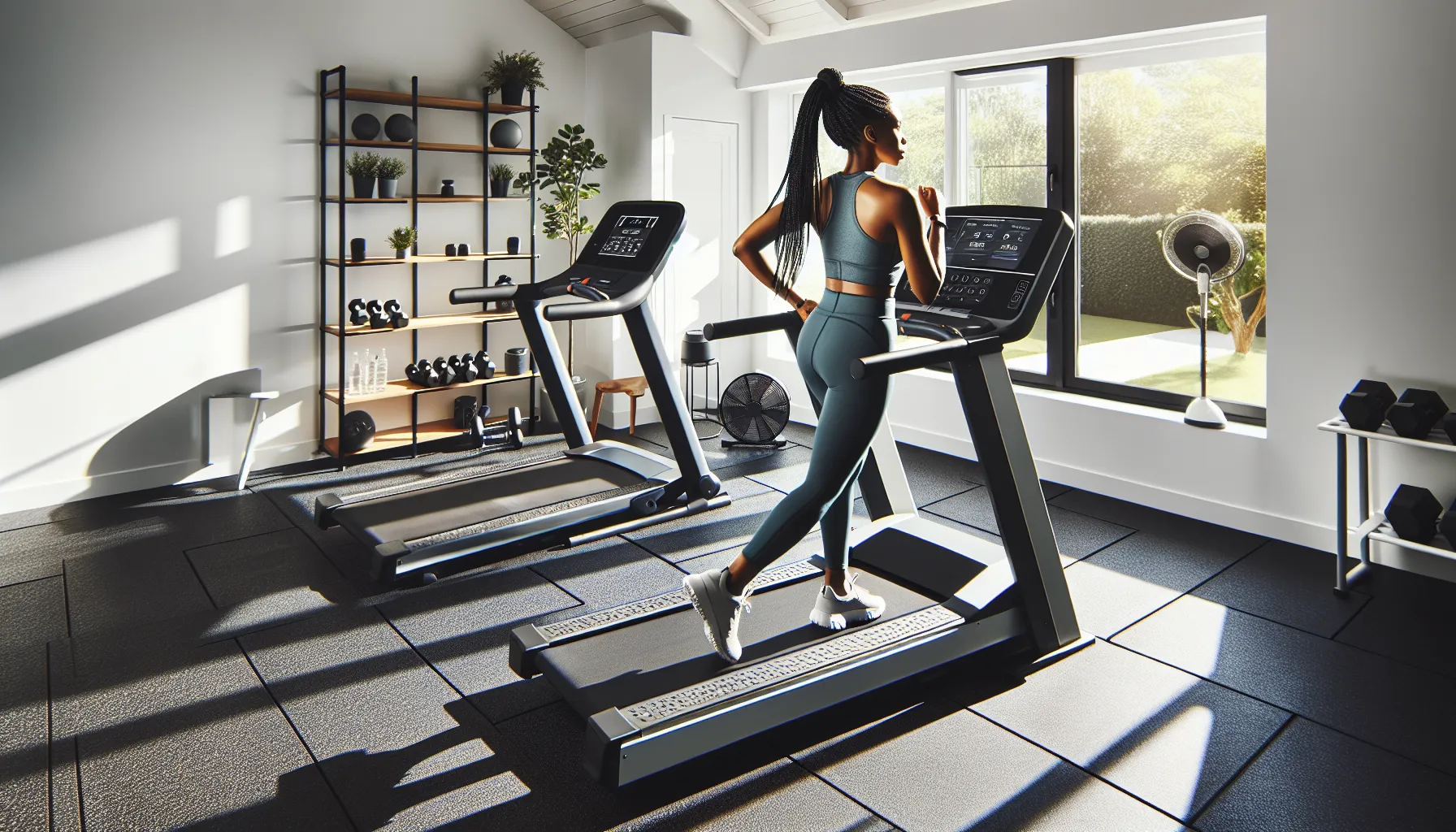 Runner on mid-tier incline treadmill, budget and premium models beside.