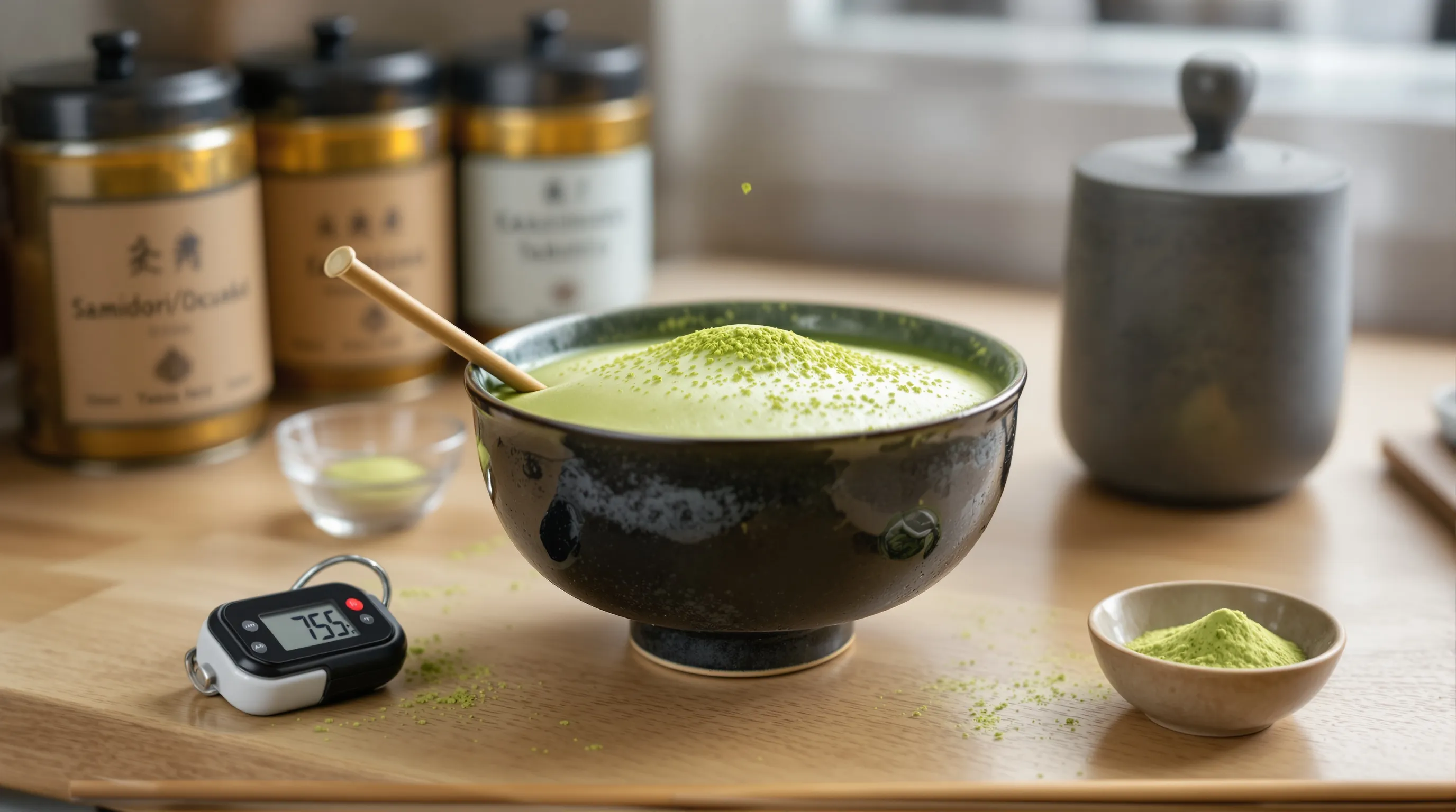 Vibrant ceremonial matcha with microfoam, thermometer at 75°C, whisk and sifter nearby.