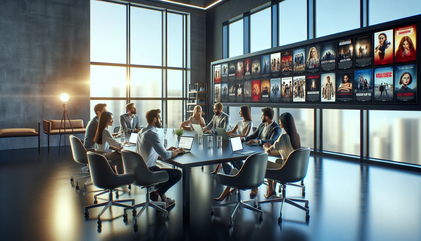diverse team discussing movies at a modern office.