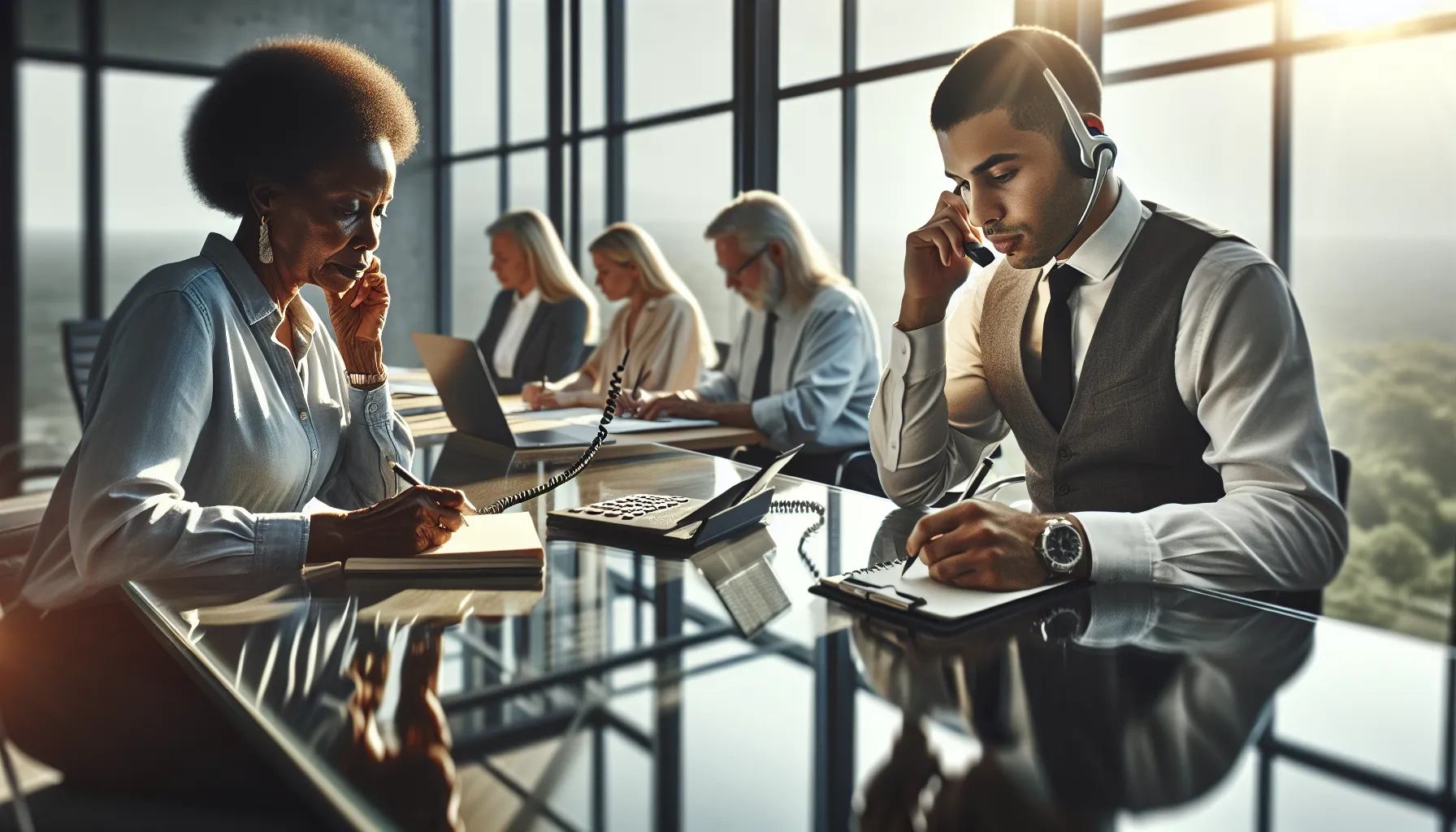 Diverse team in a modern office preparing for a customer service call.