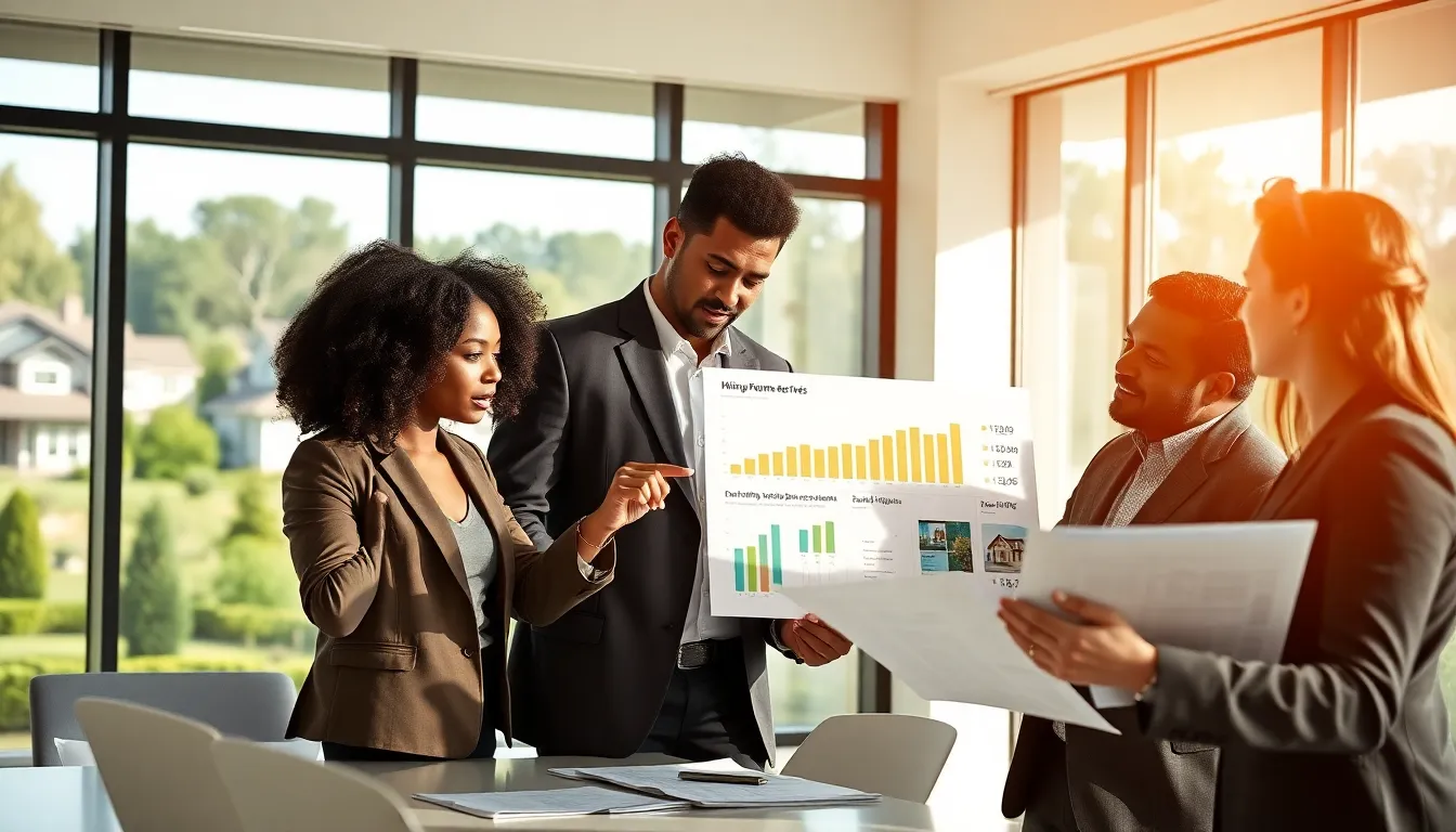 real estate team analyzing market trends in a modern office.