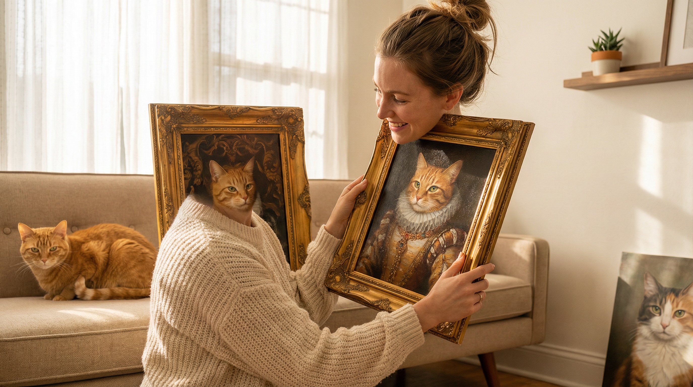 Woman holding a framed Renaissance-style cat portrait in a sunlit living room.