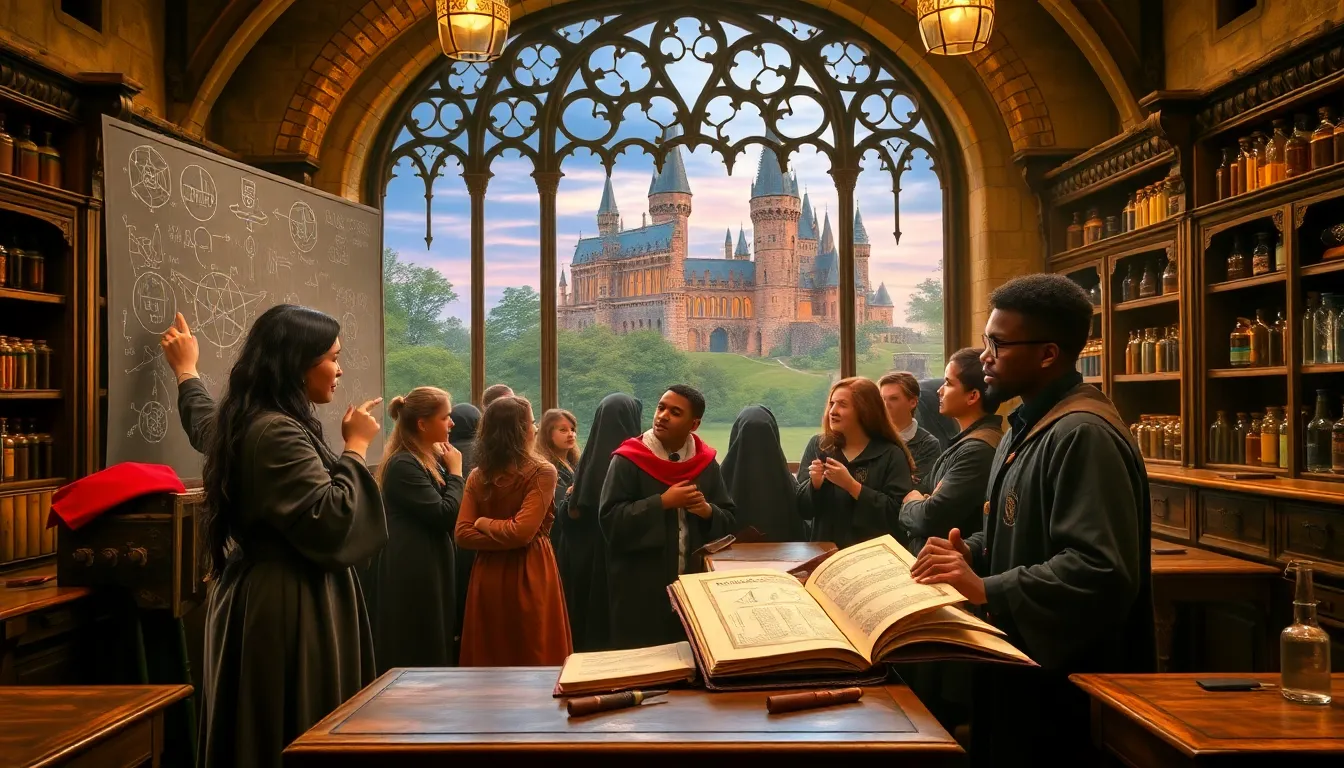 students discussing magic in a Hogwarts classroom setting.