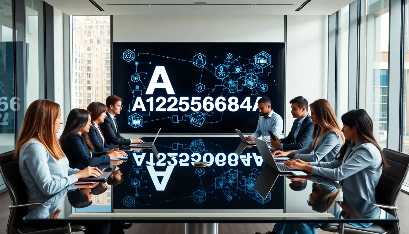 diverse professionals engaged in a discussion about A12656568684A in a modern office.