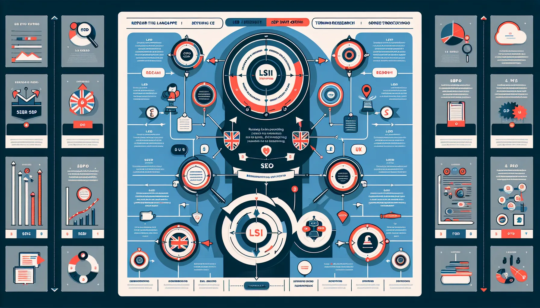 Vertical process showing how to find and apply related SEO terms.