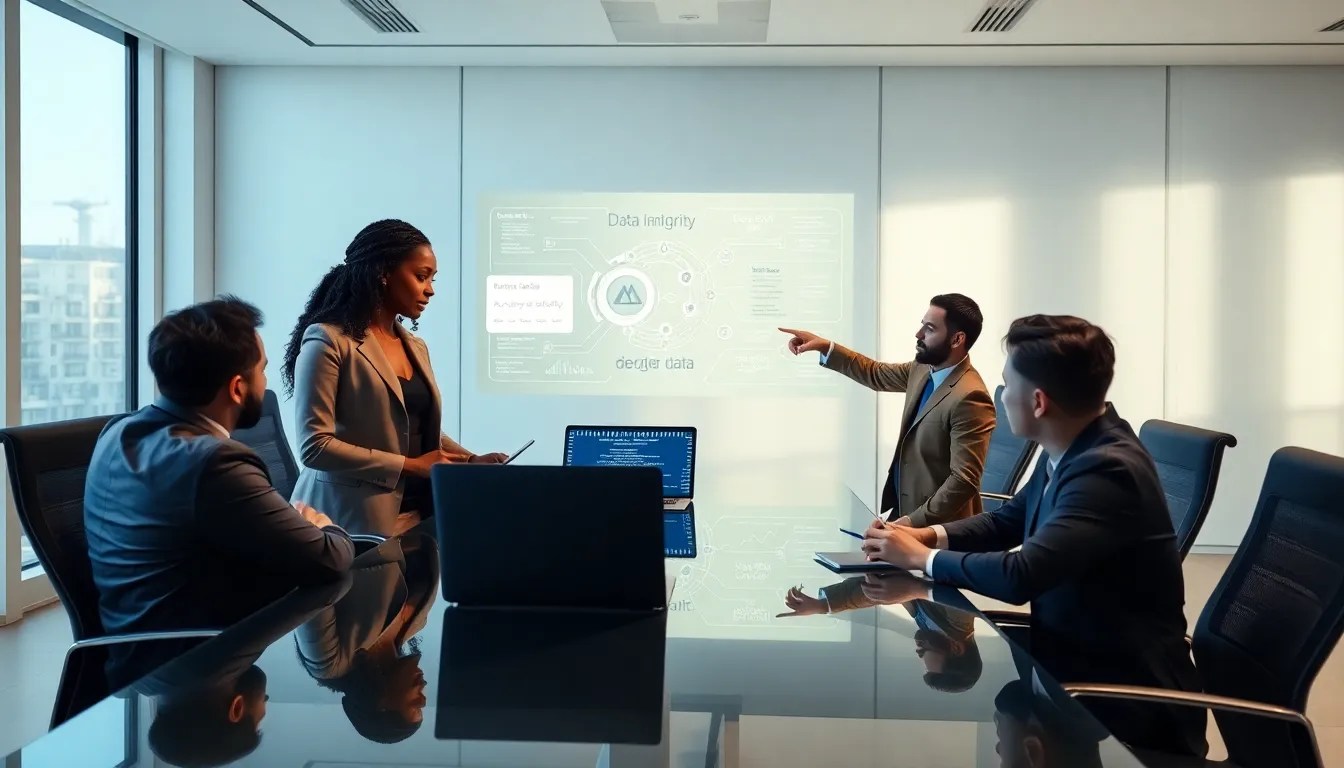 IT professionals working together on data management in a modern office.