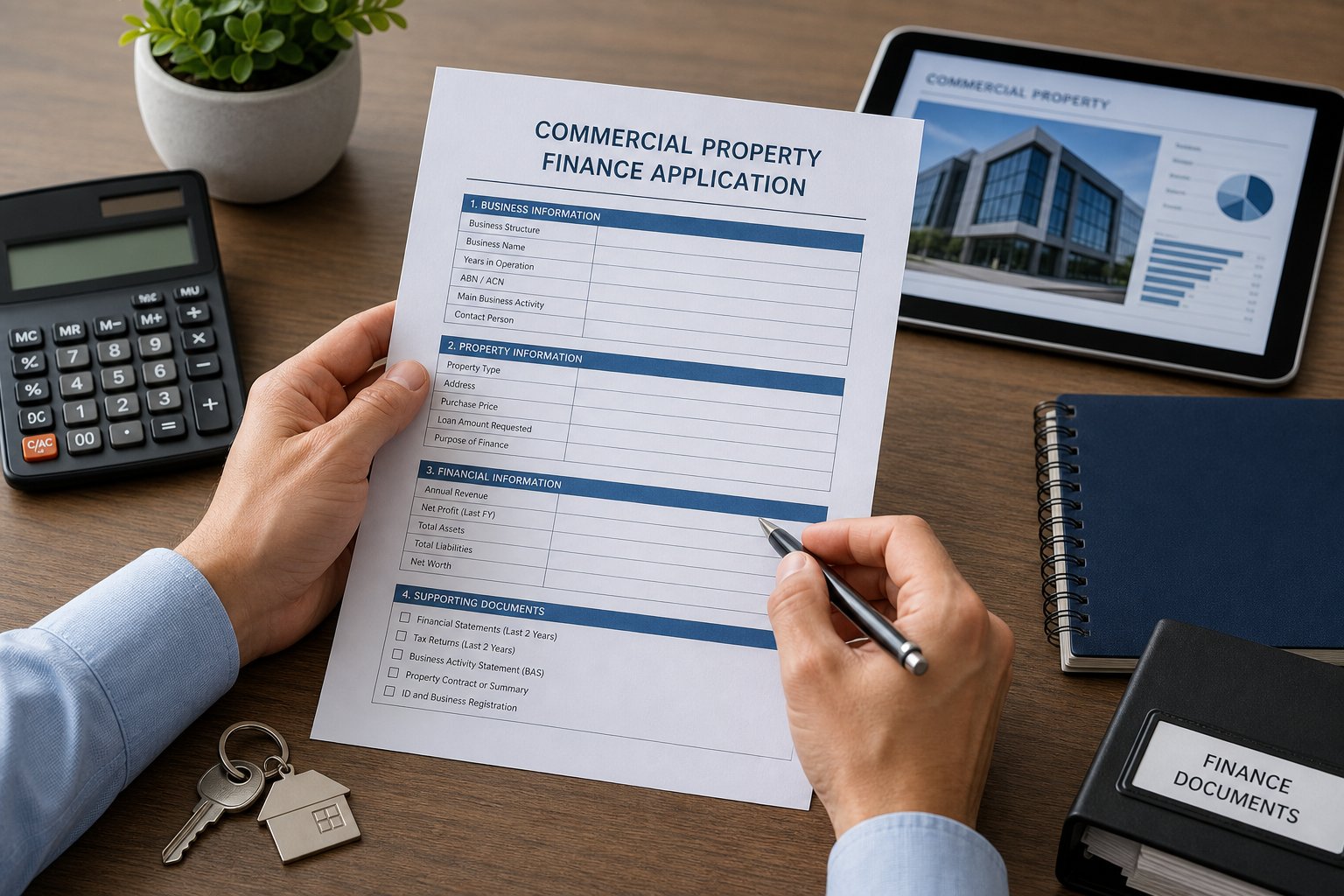 Close-up of hands reviewing commercial mortgage paperwork with a calculator, keys, and tablet.