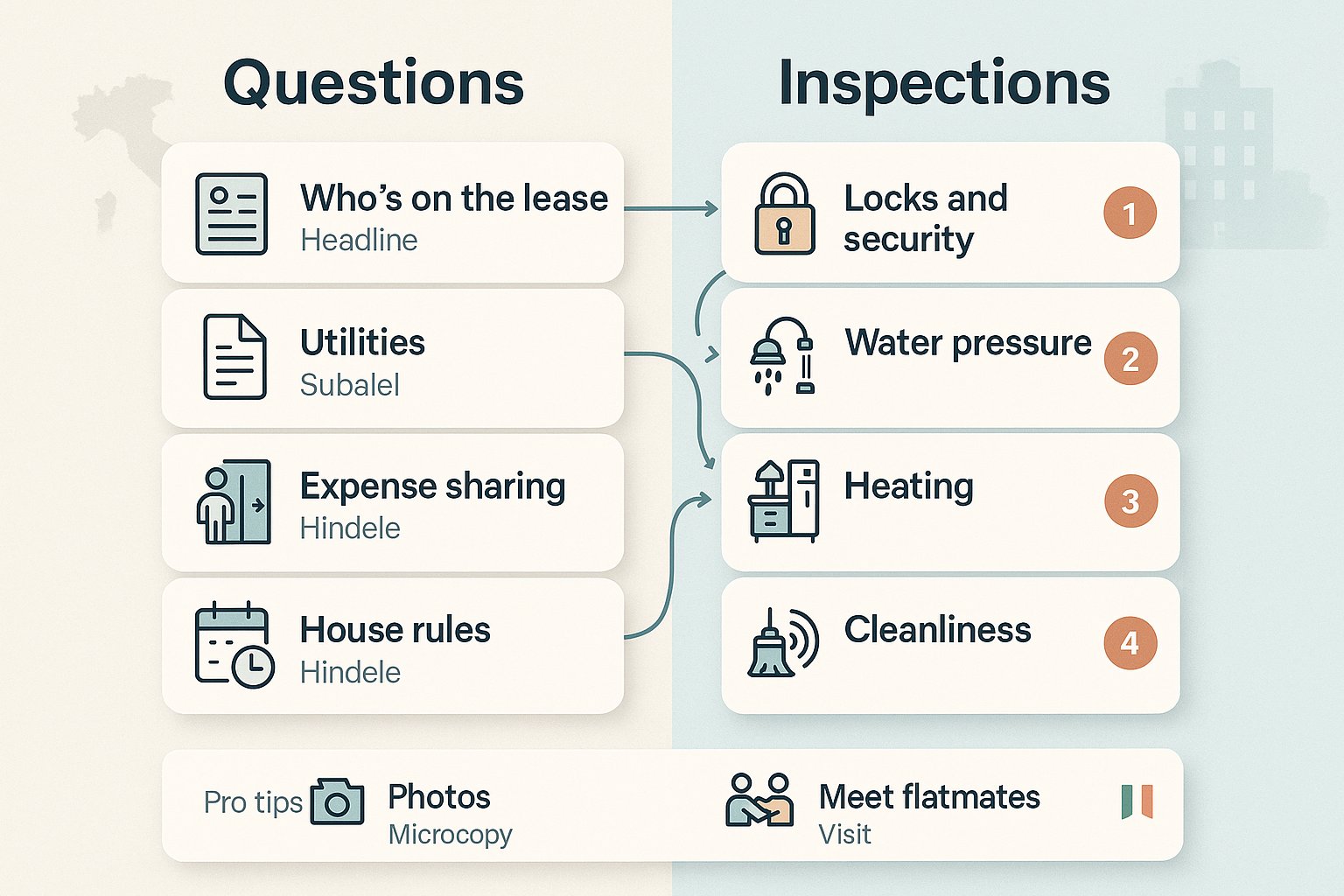 Infografica checklist di domande per la visita e punti di ispezione per alloggi condivisi in Italia.