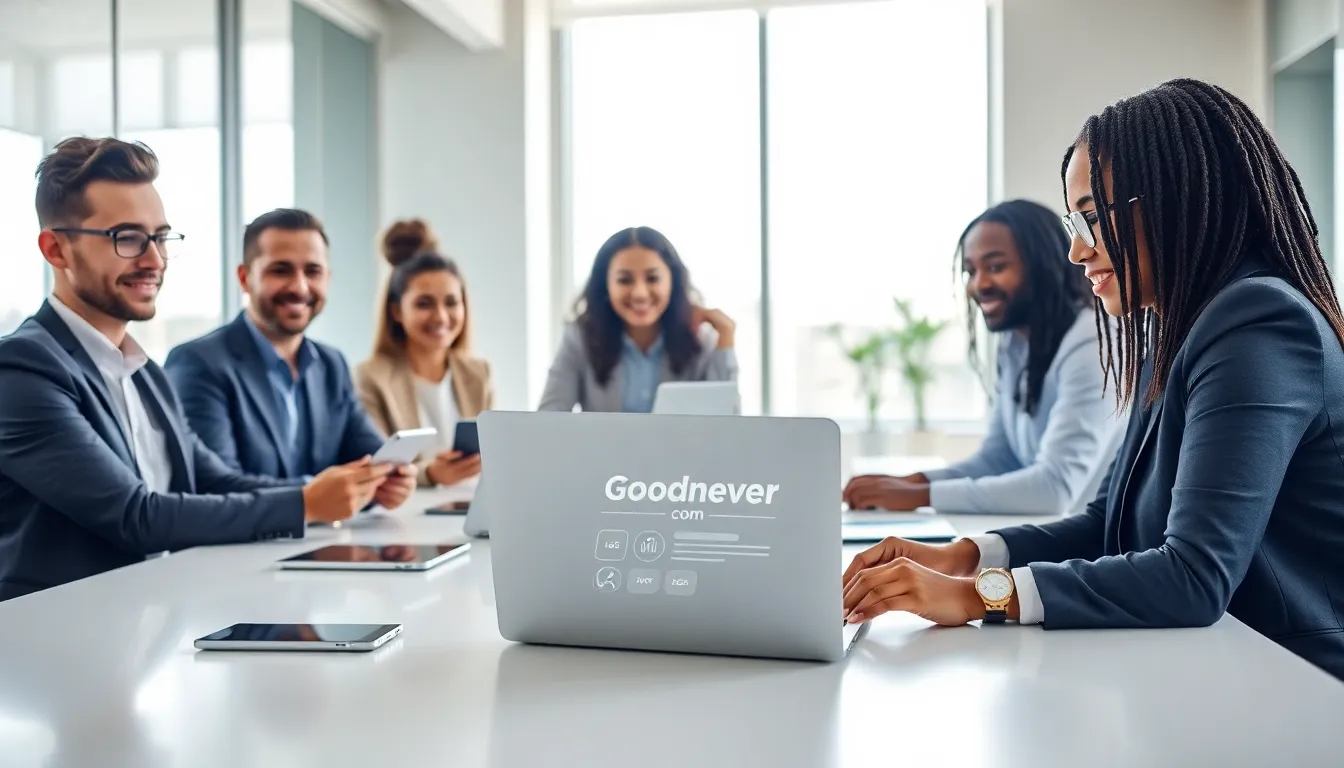 diverse professionals using digital tools in a modern office.