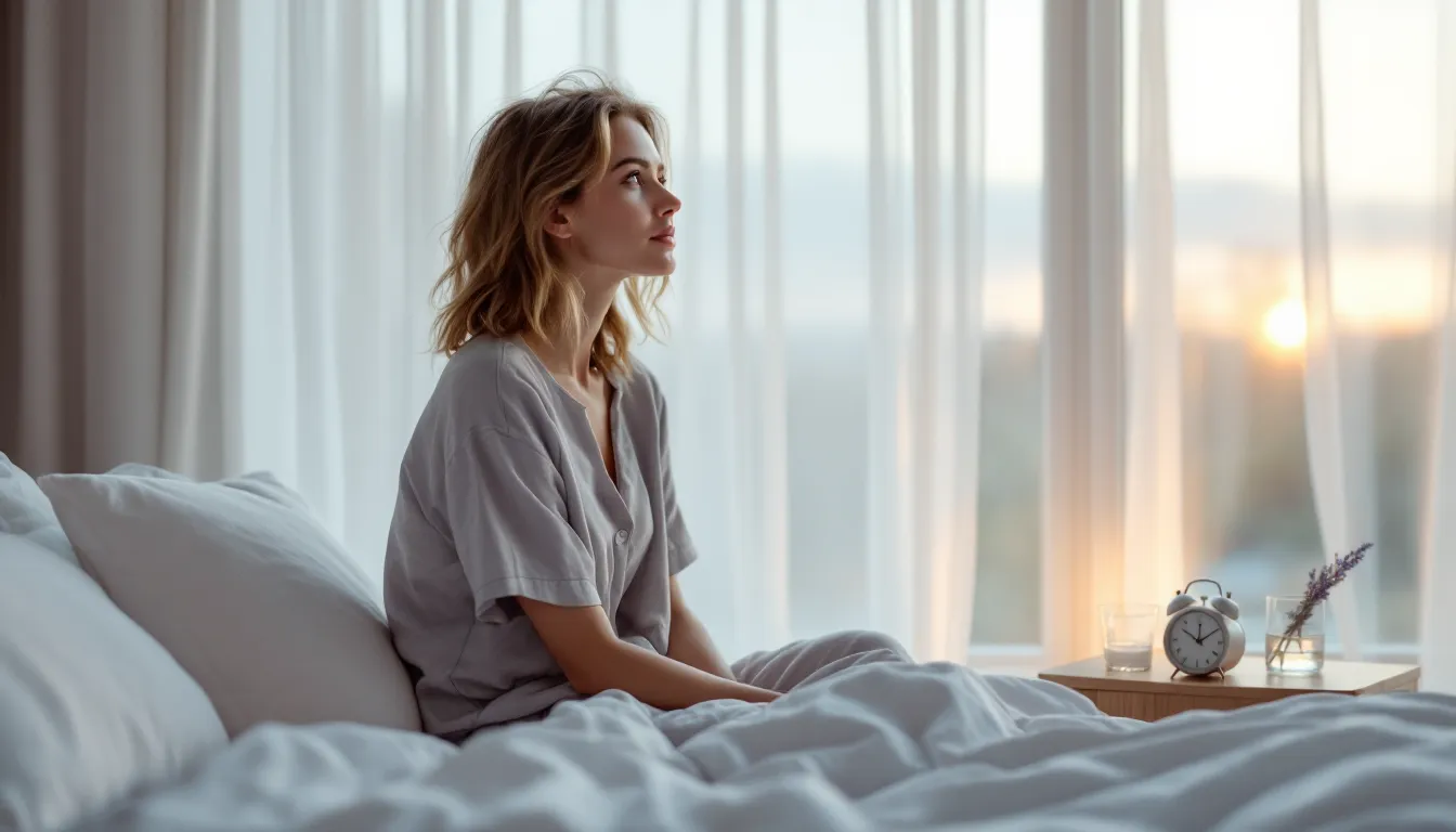 Woman sitting on bed edge at dawn, looking refreshed near a window with early morning light.
