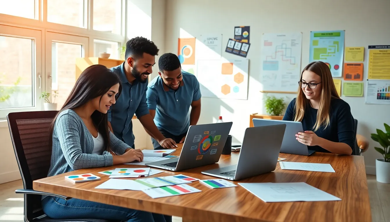 diverse students engaged in a modern study space with visual aids.