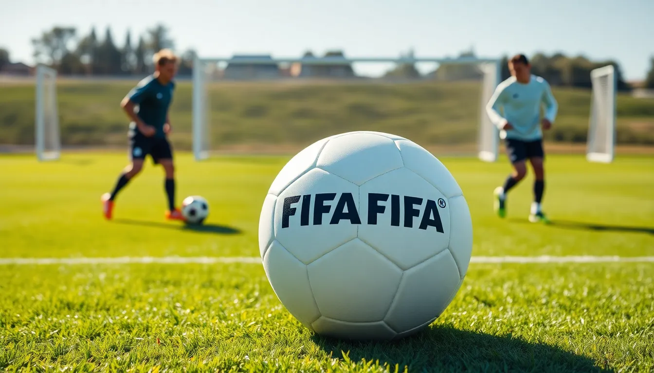 FIFA-approved soccer ball on a vibrant soccer field with practicing athletes.