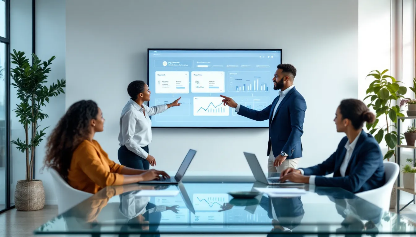 Diverse team collaborating on pilot program data in a modern office setting.