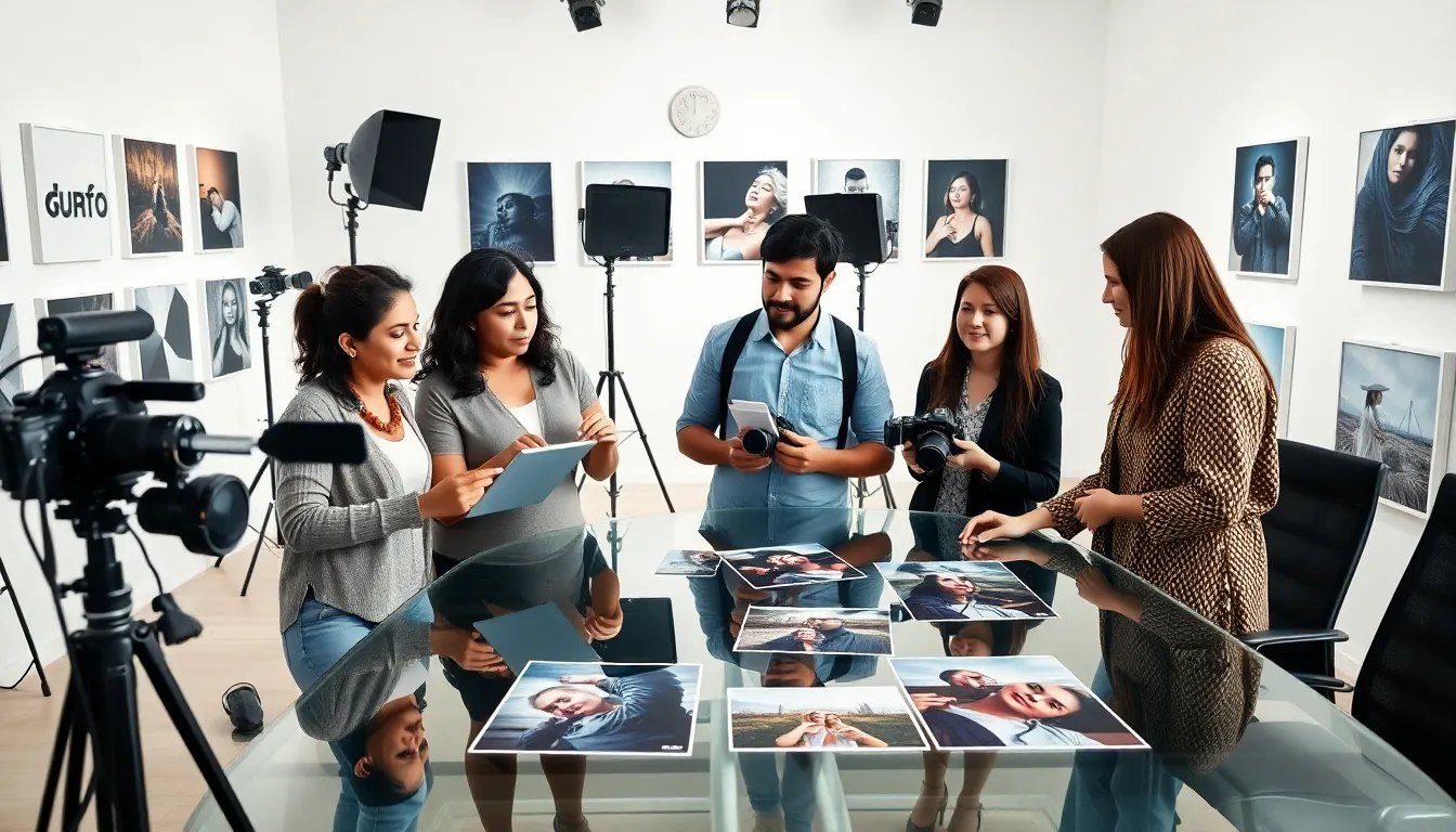 diverse photographers collaborating in a modern studio.