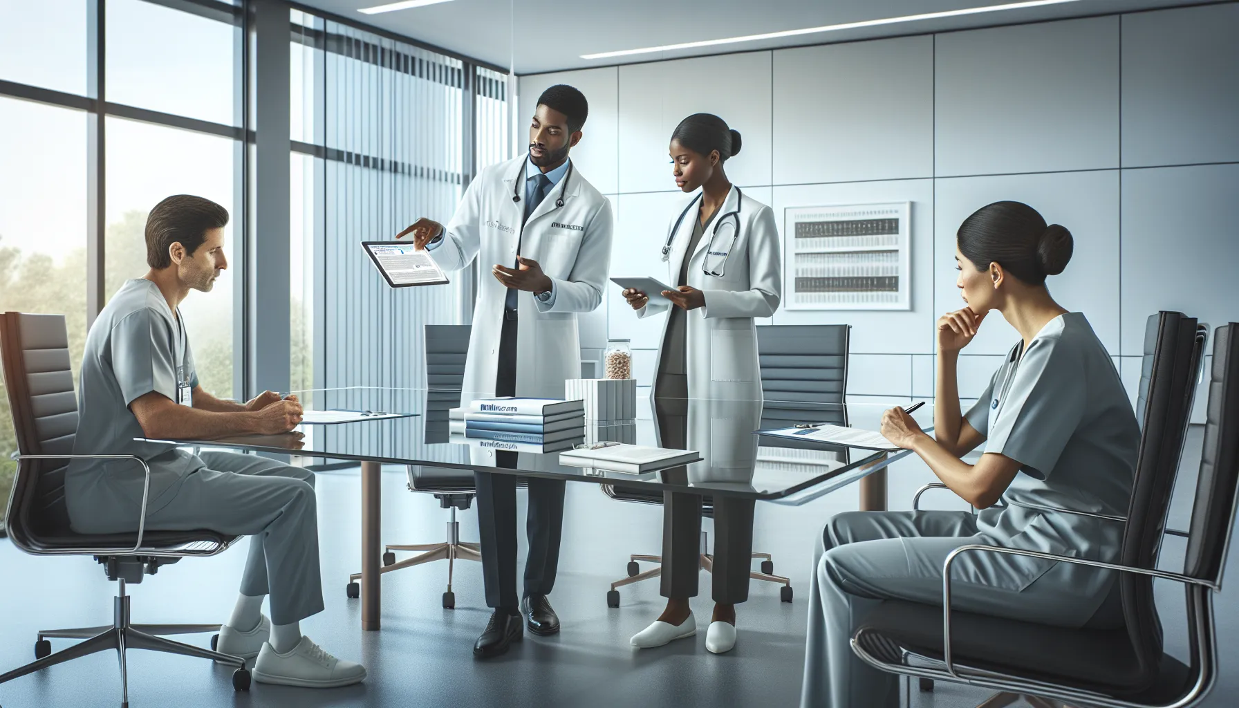 health professionals discussing medication side effects in a modern office.